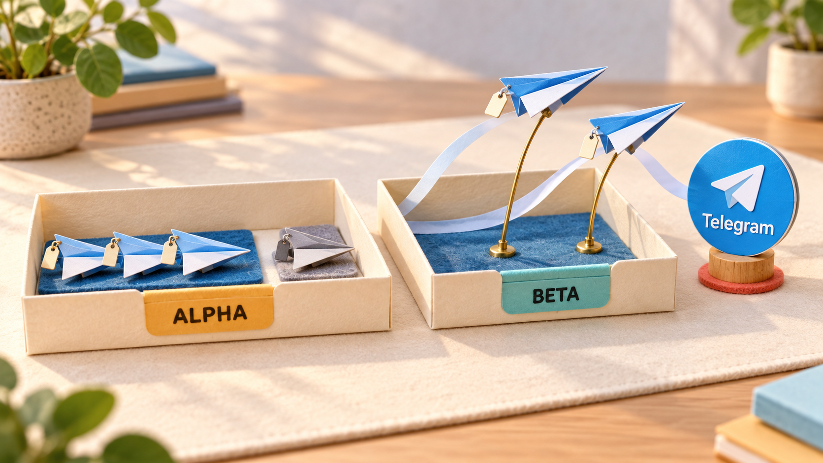 Paper-and-felt diorama of two project folders: in the box tabbed ALPHA four paper planes sit parked, one apart on a grey pad, while in the box tabbed BETA two planes fly on display rods toward a round Telegram badge.