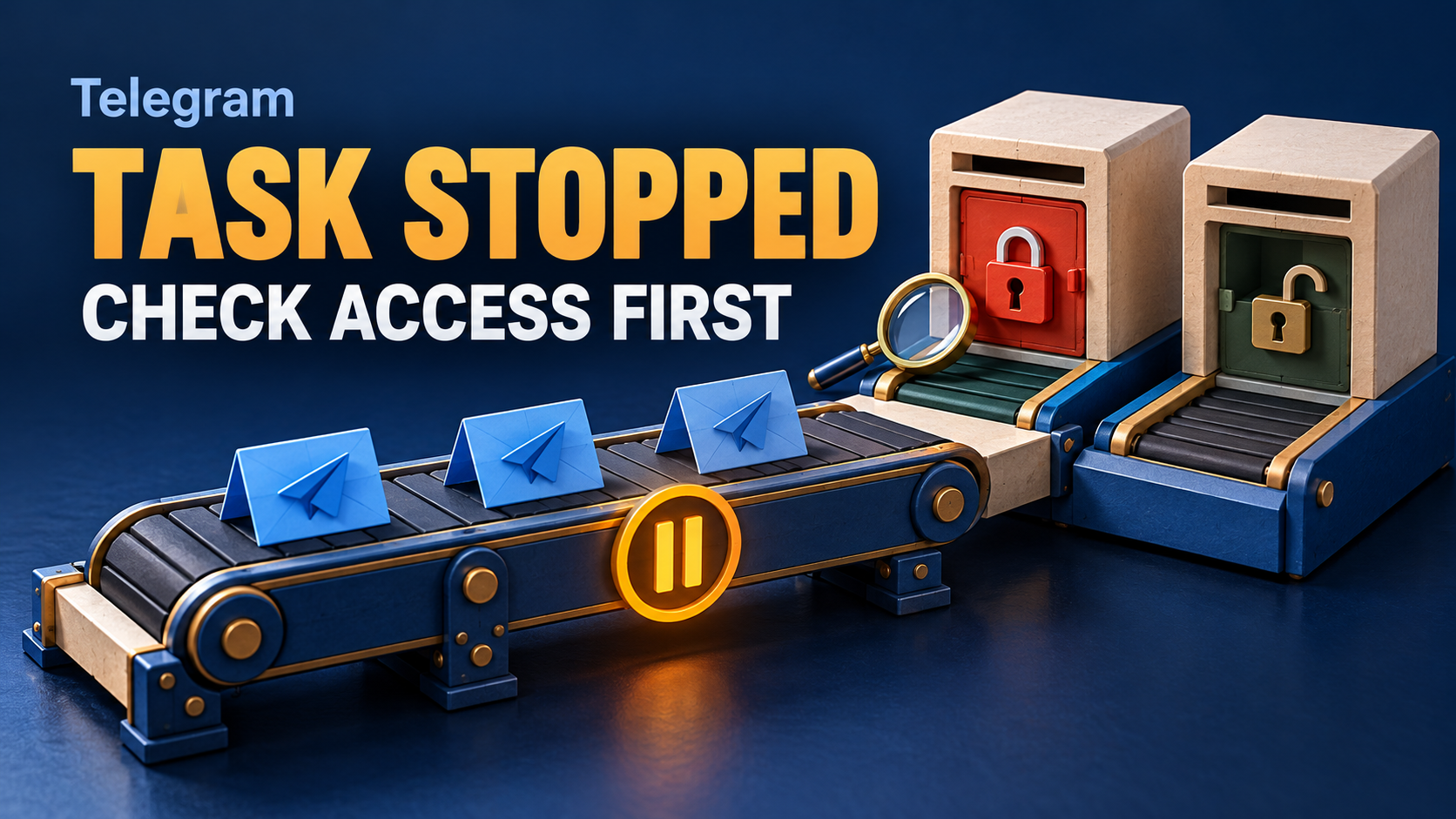 Concept illustration of a paused Telegram message conveyor facing one locked destination and one idle unlocked destination.