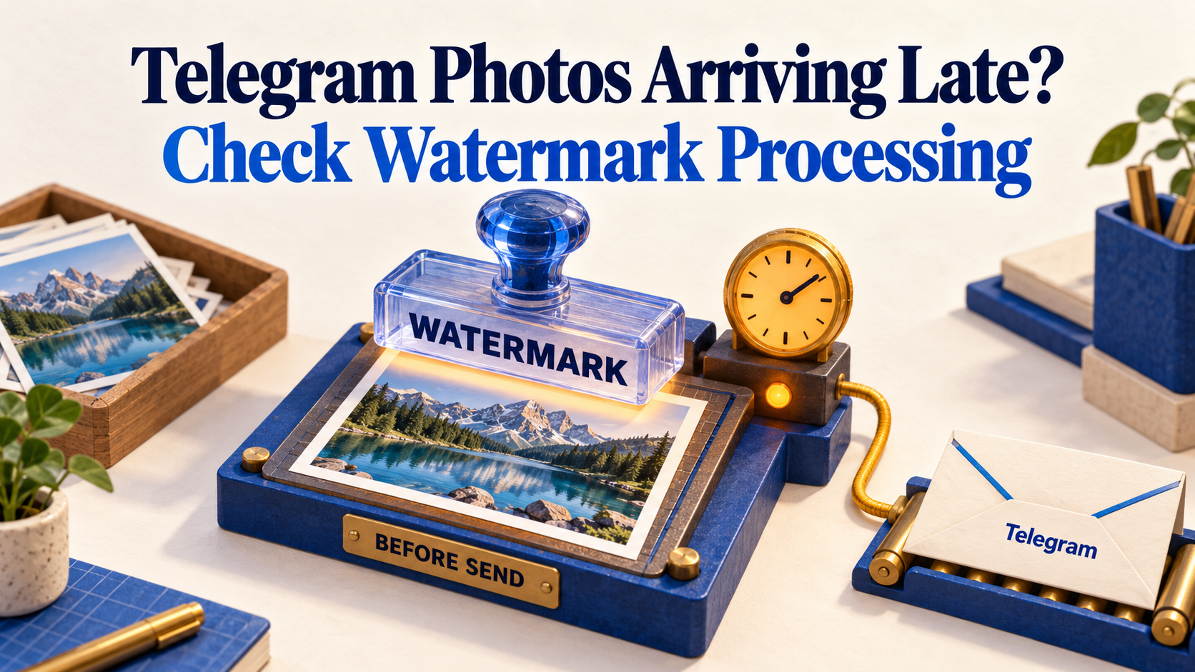 Concept illustration of a Telegram photo beneath a WATERMARK stamp on a BEFORE SEND processing bed, with a clock and outgoing envelope.
