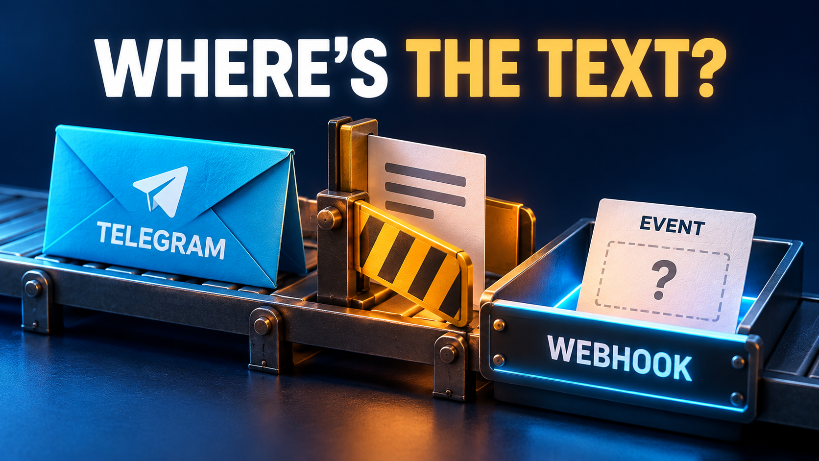 Concept illustration: a Telegram envelope approaches a gate holding a text sheet while a Webhook tray already contains an Event receipt with a question mark.