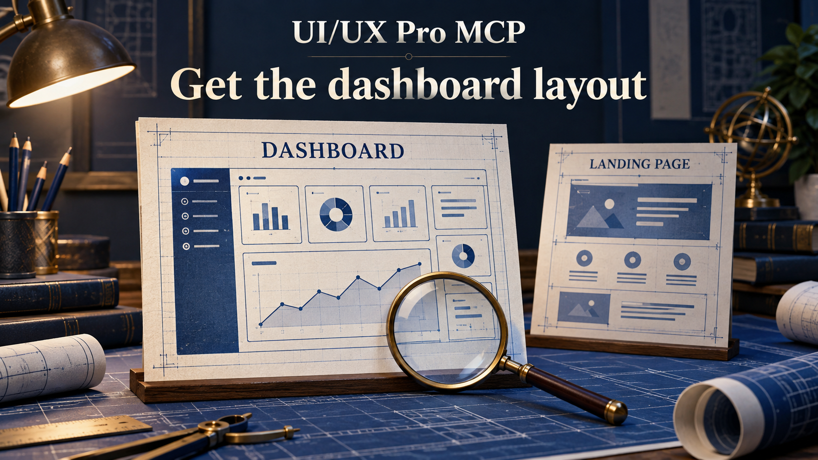Concept illustration of a dominant analytics dashboard blueprint under a magnifying glass beside a smaller landing-page blueprint, headed UI/UX Pro MCP and Get the dashboard layout.