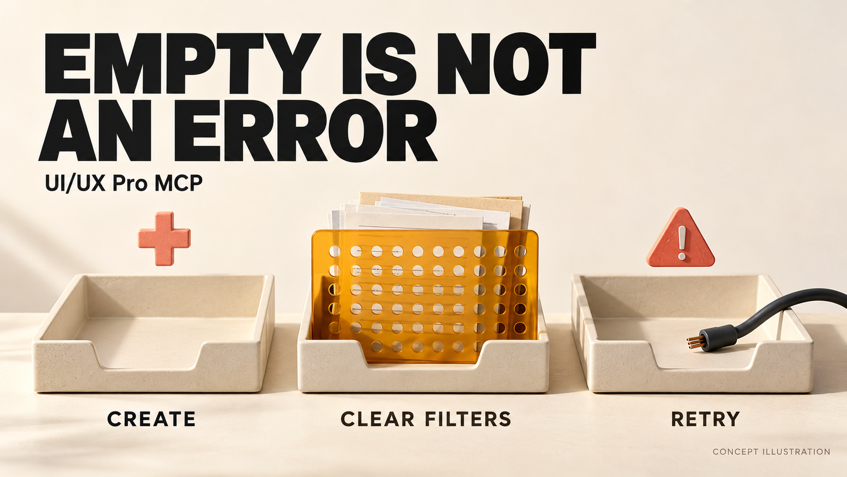 Concept illustration of three document trays: an empty tray with a plus, documents behind a filter, and a disconnected cable; labeled Create, Clear Filters and Retry.